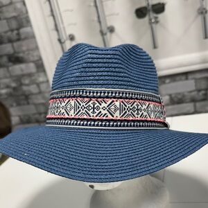 Blue Wide Brim Hat with Patterned Band